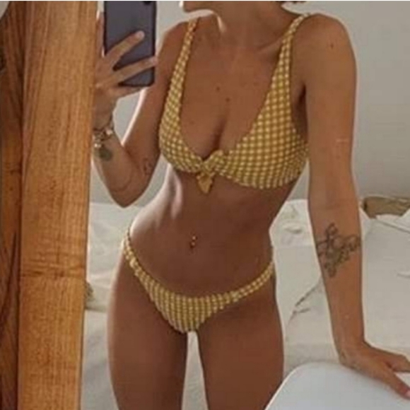 Vitamin A Lou Top Carmen Bottom Check Bikini Set Yellow - Picture 2 of 13